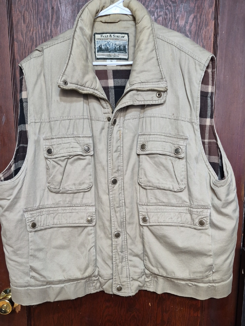 Field & Stream Beige Utility Vest with Plaid Lining